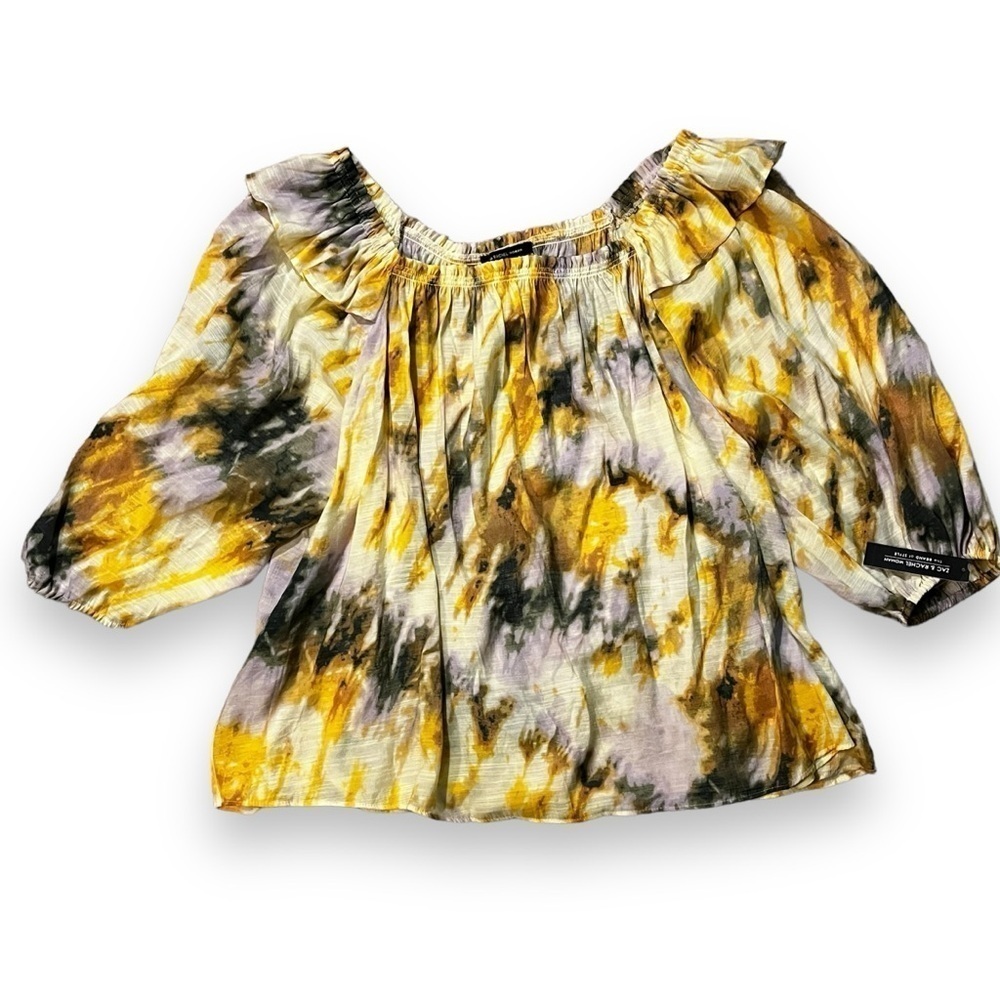 NEW Zac & Rachel Woman Peasant Blouse Yellow Tie Dye Ruffle Cropped Plus Size 2X